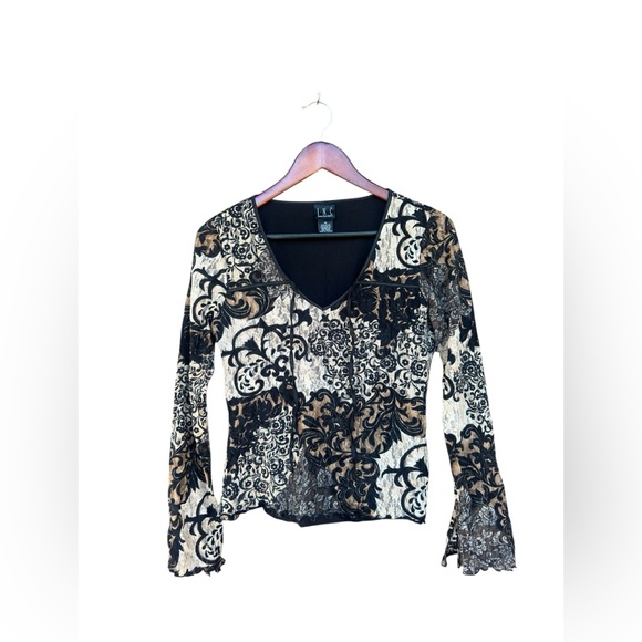INC International Concepts Tops - Vintage Y2K Black & Cream Lace Top Long Bell Sleeves Medium Grunge Whimsy Fairy
